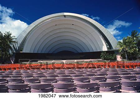 Stock Photo - Hawaii, Oahu, Honolulu, view of the Waikiki Shell, rows of empty seats. Fotosearch