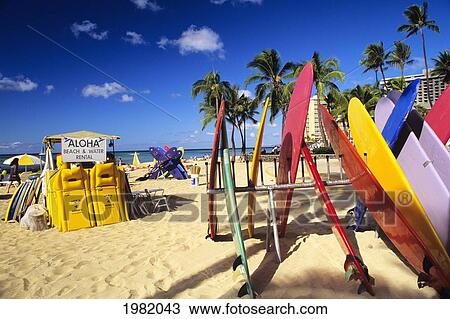 Hawaii, Oahu, Honolulu, Waikiki Beach, concession and surfboard rental stand View Large Photo Image Stock Image - Hawaii, Oahu, Honolulu, Waikiki Beach, concession and surfboard rental stand. Fotosearch