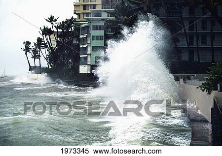 Hawaii, Oahu, Honolulu, Waikiki, Hurricane Iniki Storm Waves Crash Over Bank Near Hotels, 1992. View Large Photo Image Stock Photography - Hawaii, Oahu, Honolulu, Waikiki, Hurricane Iniki Storm Waves Crash Over Bank Near Hotels, 1992.. Fotosearch