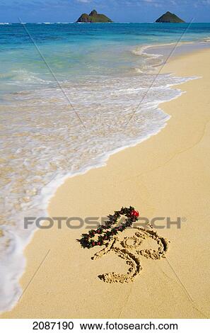 Hawaii, Oahu, joy written in sand with a lei on the seashore. View Large Photo Image Stock Image - Hawaii, Oahu, joy written in sand with a lei on the seashore.. Fotosearch