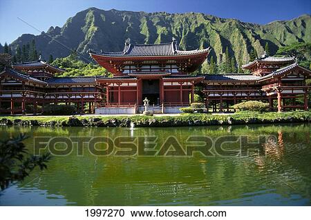 Hawaii, Oahu, Kahaluu, Byodo-In Temple With Pond Foreground, Ko'olau Mountains Background Japanese Religion A42D View Large Photo Image Stock Image - Hawaii, Oahu, Kahaluu, Byodo-In Temple With Pond Foreground, Ko'olau Mountains Background Japanese Religion A42D. Fotosearch