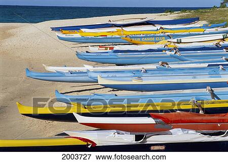 Hawaii, Oahu, Kailua, Beach Lined With Many Outrigger Canoes, Colorful View Large Photo Image Stock Photo - Hawaii, Oahu, Kailua, Beach Lined With Many Outrigger Canoes, Colorful. Fotosearch