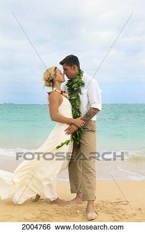 Hawaii, Oahu, Kailua, Lanikai Beach, Attractive Newlywed Couple On Beach. View Large Photo Image Stock Photograph - Hawaii, Oahu, Kailua, Lanikai Beach, Attractive Newlywed Couple On Beach.. Fotosearch
