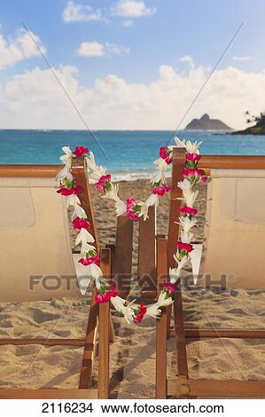 Picture - Hawaii, Oahu, Kailua, Two lounge chairs on the white sandy beach of Lanikai.. Fotosearch