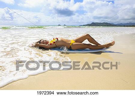 Hawaii, Oahu, Kailua, Young Woman Poses On Her Surfboard On Beach. View Large Photo Image Picture - Hawaii, Oahu, Kailua, Young Woman Poses On Her Surfboard On Beach.. Fotosearch