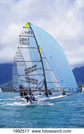 Stock Photo - Hawaii, Oahu, Kaneohe, 49-Er's Boat Race.. Fotosearch