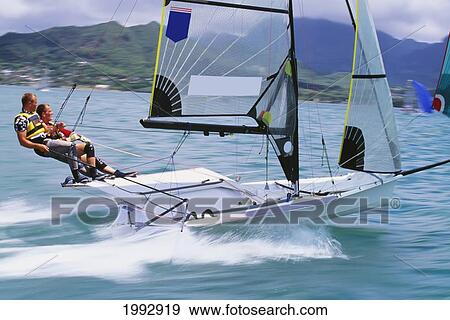 Stock Photo - Hawaii, Oahu, Kaneohe, 49-Er's Boat Race.. Fotosearch