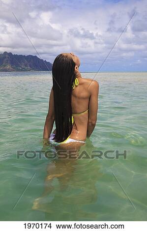 Picture - Hawaii, Oahu, Kaneohe Bay, Beautiful Woman On Sandbar. Fotosearch