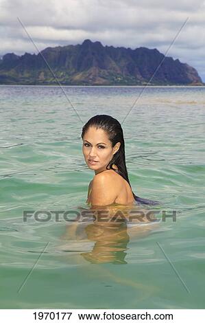 Stock Photo - Hawaii, Oahu, Kaneohe Bay, Beautiful Woman On Sandbar. Fotosearch