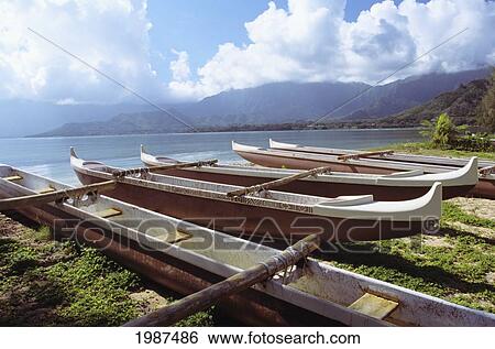 Stock Photograph - Hawaii, Oahu, Kaneohe Bay, Secret Island, Line Of Outrigger Canoes On Beach.. Fotosearch