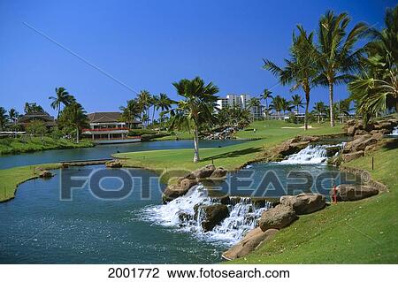 Stock Image - Hawaii, Oahu, Kapolei, Ko'olina Resort, Golf Course 18Th Hole, Waterfall, Blue Sky And Palms. Fotosearch