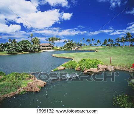 Hawaii, Oahu, Ko'olina Golf Club, 18Th Hole, Lake And Small Rapids. View Large Photo Image Stock Image - Hawaii, Oahu, Ko'olina Golf Club, 18Th Hole, Lake And Small Rapids.. Fotosearch