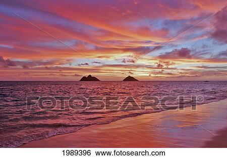 Stock Photograph - Hawaii, Oahu, Lanikai, A Colorful Pink Sunrise Over The Mokulua Islands.. Fotosearch