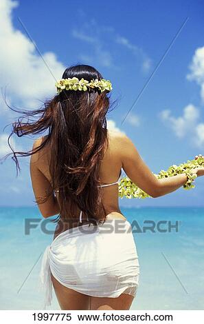 Hawaii, Oahu, Lanikai, Back Of Local Woman With Leis Standing Facing Ocean. View Large Photo Image Stock Photography - Hawaii, Oahu, Lanikai, Back Of Local Woman With Leis Standing Facing Ocean.. Fotosearch