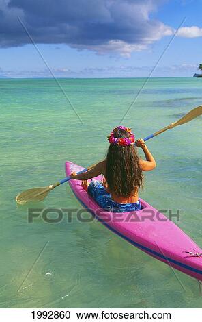 Hawaii, Oahu, Lanikai, Back View Of Woman In Pink Kayak, Clear Water, Yellow Paddles, Pink Lei, Blue Sky View Large Photo Image Stock Image - Hawaii, Oahu, Lanikai, Back View Of Woman In Pink Kayak, Clear Water, Yellow Paddles, Pink Lei, Blue Sky. Fotosearch