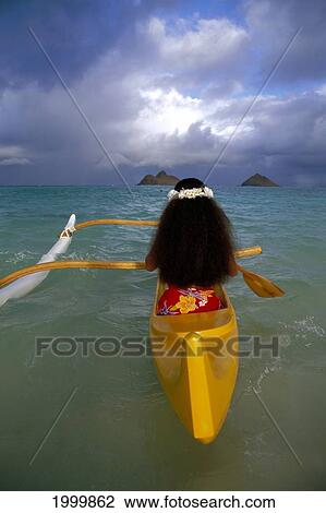 Hawaii, Oahu, Lanikai, Back View Polynesian Woman In Outrigger Canoe Mokulua Islands Distance Moody Clouds View Large Photo Image Stock Image - Hawaii, Oahu, Lanikai, Back View Polynesian Woman In Outrigger Canoe Mokulua Islands Distance Moody Clouds. Fotosearch
