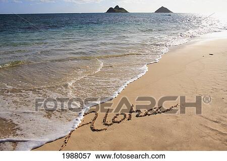 Stock Photo - Hawaii, Oahu, Lanikai Beach Aloha Written In The Sand With Wave Washing Up Onto Shore, Mokulua Islands And Canoe In Background. Fotosearch