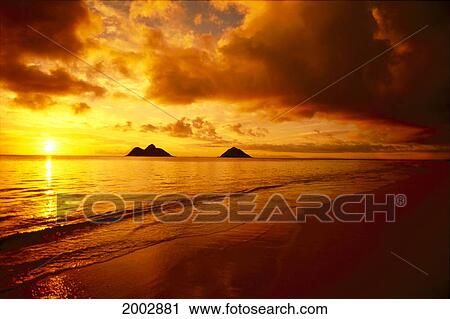 Hawaii, Oahu, Lanikai Beach, Orange Sunrise Over Tranquil Ocean, Mokulua Islands View Large Photo Image Stock Image - Hawaii, Oahu, Lanikai Beach, Orange Sunrise Over Tranquil Ocean, Mokulua Islands. Fotosearch