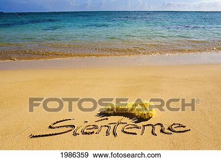 Hawaii, Oahu, Lanikai Beach Sienteme Written In The Sand With Yellow Plumeria Lei, Turquoise Ocean View Large Photo Image Stock Photo - Hawaii, Oahu, Lanikai Beach Sienteme Written In The Sand With Yellow Plumeria Lei, Turquoise Ocean. Fotosearch