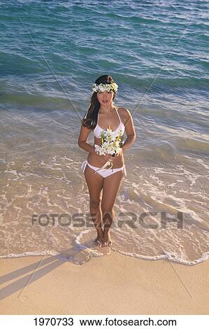Stock Image - Hawaii, Oahu, Lanikai, Beautiful Bride In Bikini On Beach.. Fotosearch