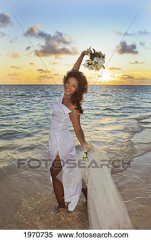 Hawaii, Oahu, Lanikai, Beautiful Bride On Beach At Sunrise. View Large Photo Image Stock Photography - Hawaii, Oahu, Lanikai, Beautiful Bride On Beach At Sunrise.. Fotosearch