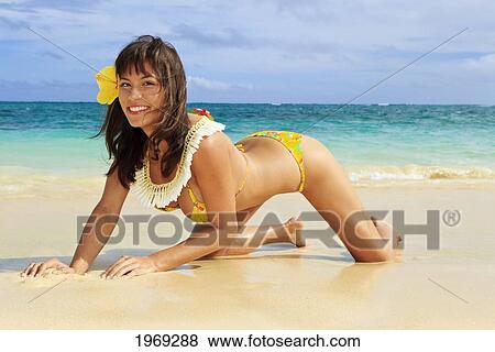 Stock Photo - Hawaii, Oahu, Lanikai, Beautiful Woman On The Beach Wearing A Yellow Hibiscus And Ginger Lei.. Fotosearch