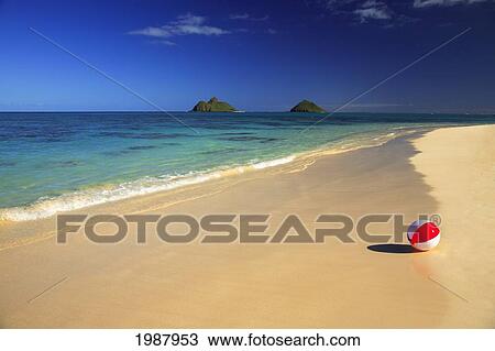 Hawaii, Oahu, Lanikai, Colorful Beachball On The Shore Of Tropical Beach, Mokulua Islands In Background. View Large Photo Image Stock Image - Hawaii, Oahu, Lanikai, Colorful Beachball On The Shore Of Tropical Beach, Mokulua Islands In Background.. Fotosearch