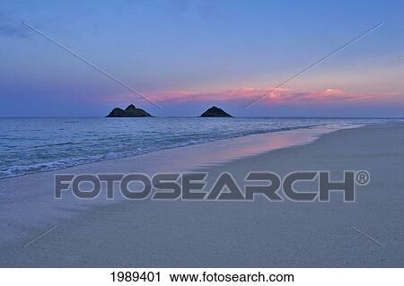 Hawaii, Oahu, Lanikai, Early Morning With The Mokolua Islands In The Distance. View Large Photo Image Stock Image - Hawaii, Oahu, Lanikai, Early Morning With The Mokolua Islands In The Distance.. Fotosearch