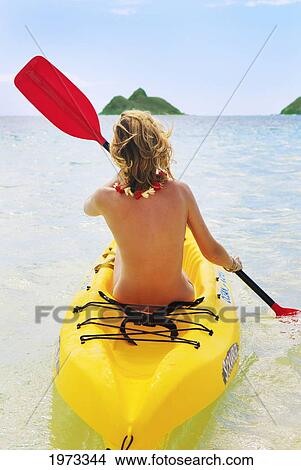 Picture - Hawaii, Oahu, Lanikai =, Female Kayaker Enjoying A Day On The Water.. Fotosearch