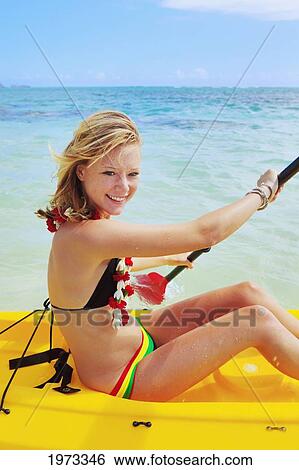 Stock Photograph - Hawaii, Oahu, Lanikai =, Female Kayaker Enjoying A Day On The Water.. Fotosearch