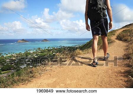 Hawaii, Oahu, Lanikai, Male Hiker Admiring View Of Mokulua Islands. View Large Photo Image Stock Photo - Hawaii, Oahu, Lanikai, Male Hiker Admiring View Of Mokulua Islands.. Fotosearch