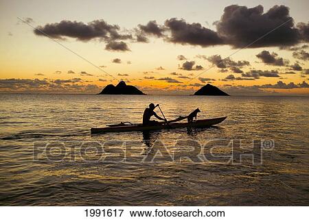 Hawaii, Oahu, Lanikai, Man And Dog On A One-Man Outrigger Canoe At Sunset. View Large Photo Image Stock Photo - Hawaii, Oahu, Lanikai, Man And Dog On A One-Man Outrigger Canoe At Sunset.. Fotosearch
