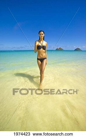 Hawaii, Oahu, Lanikai, Portrait Of Attractive Young Woman In The Water. View Large Photo Image Stock Image - Hawaii, Oahu, Lanikai, Portrait Of Attractive Young Woman In The Water.. Fotosearch
