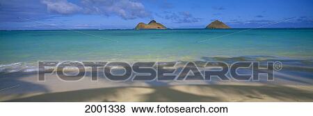 Stock Photo - Hawaii, Oahu, Lanikai, Shoreline With Palm Shadows, Calm Turquoise Ocean Mokulua Islands Distance, Panoramic. Fotosearch