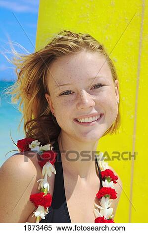 Hawaii, Oahu, Lanikai, Surfer Girl Enjoying A Day Out. View Large Photo Image Stock Photography - Hawaii, Oahu, Lanikai, Surfer Girl Enjoying A Day Out.. Fotosearch