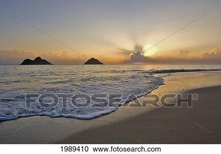 Hawaii, Oahu, Lanikai, View Of The Mokulua Islands At Sunrise. View Large Photo Image Stock Image - Hawaii, Oahu, Lanikai, View Of The Mokulua Islands At Sunrise.. Fotosearch