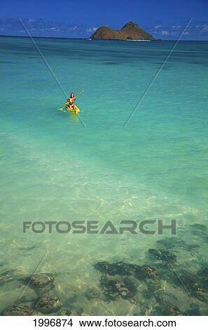 Picture - Hawaii, Oahu, Lanikai, Woman Kayaking In Turquoise Ocean Mokulua Islands Background, Blue Sky. Fotosearch