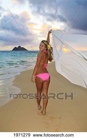 Hawaii, Oahu, Lanikai, Young Blond Woman Walking Along Beach Holding Sheer Cloth, Sunrise. View Large Photo Image Stock Photo - Hawaii, Oahu, Lanikai, Young Blond Woman Walking Along Beach Holding Sheer Cloth, Sunrise.. Fotosearch