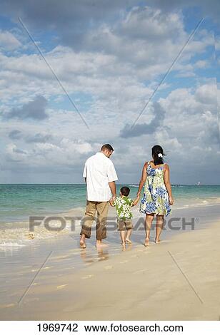 Stock Image - Hawaii, Oahu, Lanikai, Young Family Strolling Along The Beach, View From Behind.. Fotosearch
