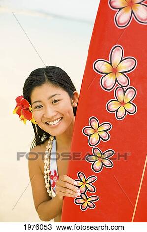 Hawaii, Oahu, Lanikai, Young Japanese Woman Holding Surfboard. View Large Photo Image Stock Image - Hawaii, Oahu, Lanikai, Young Japanese Woman Holding Surfboard.. Fotosearch