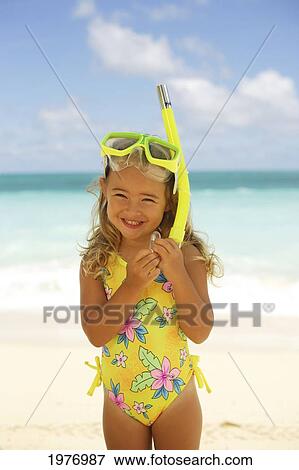 Hawaii, Oahu, Little Girl Poses On Beach With Snorkel. View Large Photo Image Stock Photo - Hawaii, Oahu, Little Girl Poses On Beach With Snorkel.. Fotosearch