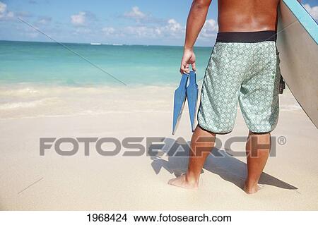Hawaii, Oahu, Local Male Holding A Bodyboard And Fins At The Beach, View From Behind. View Large Photo Image Picture - Hawaii, Oahu, Local Male Holding A Bodyboard And Fins At The Beach, View From Behind.. Fotosearch