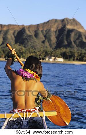 Picture - Hawaii, Oahu, Local Woman Paddling Towards Diamond Head In Outrigger Canoe, Topless. No Model Release. Fotosearch
