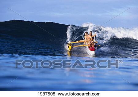 Hawaii, Oahu, Makaha, Men In Outrigger Canoe Surfing Wave, View From Front. No Model Release View Large Photo Image Stock Photo - Hawaii, Oahu, Makaha, Men In Outrigger Canoe Surfing Wave, View From Front. No Model Release. Fotosearch