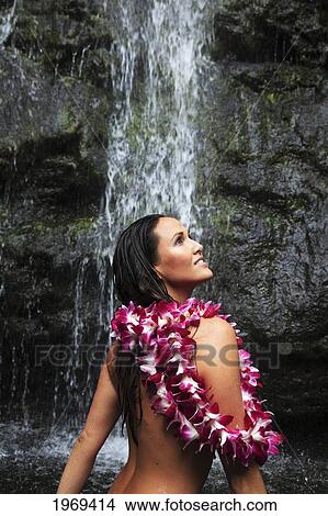 Hawaii, Oahu, Manoa Falls, Beautiful Female With Orchids Leis Sitting In A Pond At The Bottom Of Manoa Waterfalls. View Large Photo Image Picture - Hawaii, Oahu, Manoa Falls, Beautiful Female With Orchids Leis Sitting In A Pond At The Bottom Of Manoa Waterfalls.. Fotosearch