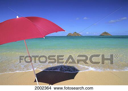 Hawaii, Oahu, Mokulua Islands, Red Umbrella And Shadow On Sand, Turquoise Waters, Blue Sky View Large Photo Image Picture - Hawaii, Oahu, Mokulua Islands, Red Umbrella And Shadow On Sand, Turquoise Waters, Blue Sky. Fotosearch