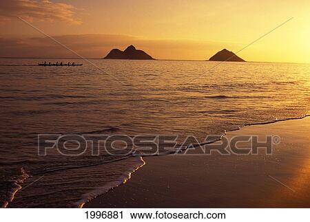 Hawaii, Oahu, Mokulua Islands, Outrigger Canoe Paddlers Off Lanikai Beach At Sunrise View Large Photo Image Stock Image - Hawaii, Oahu, Mokulua Islands, Outrigger Canoe Paddlers Off Lanikai Beach At Sunrise. Fotosearch