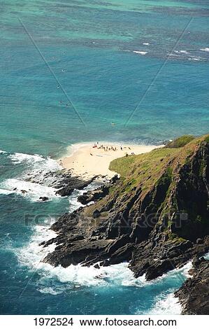 Hawaii, Oahu, Mokulua Islets, Group Of Kayakers On The Beach Of Moku Nui Islet. View Large Photo Image Picture - Hawaii, Oahu, Mokulua Islets, Group Of Kayakers On The Beach Of Moku Nui Islet.. Fotosearch