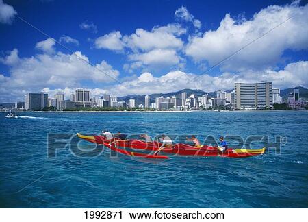 Hawaii, Oahu, Molokai To Oahu Canoe Race, Outrigger Canoe Team In Front Of Waikiki Beach. View Large Photo Image Stock Image - Hawaii, Oahu, Molokai To Oahu Canoe Race, Outrigger Canoe Team In Front Of Waikiki Beach.. Fotosearch