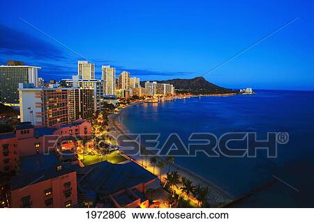 Hawaii, Oahu, Nighttime View Of Waikik. View Large Photo Image Stock Photograph - Hawaii, Oahu, Nighttime View Of Waikik.. Fotosearch